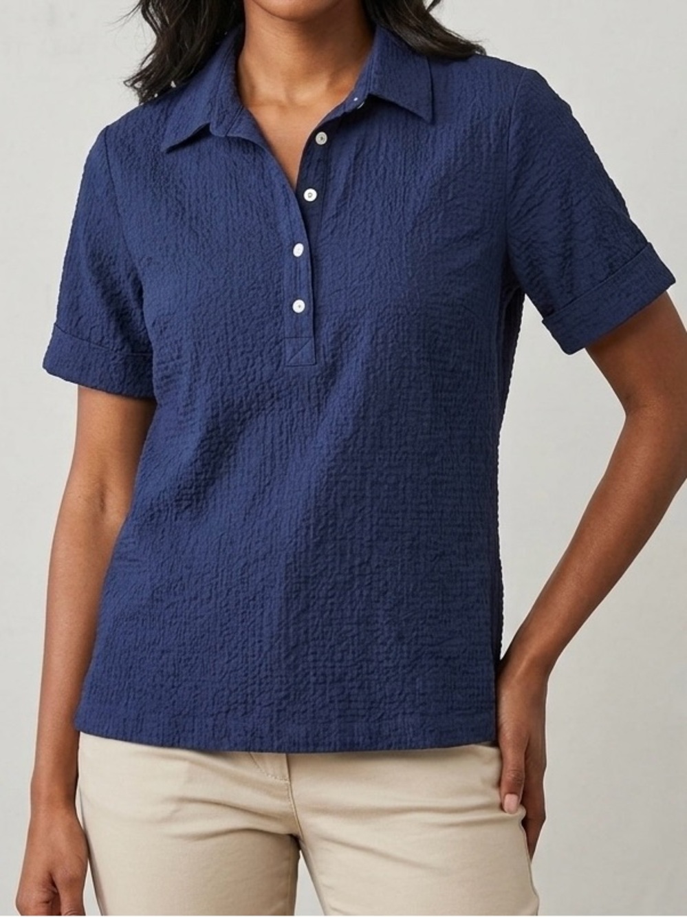 Orvis Navy Blue Crinkle Seersucker Popover Placket Polo Top